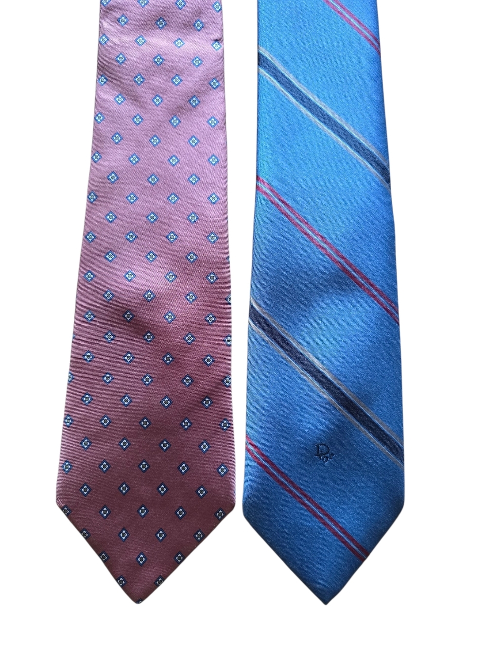 CHRISTIAN DIOR Neckties Set Of (2) Mauve - Blue Stripes - Diamonds